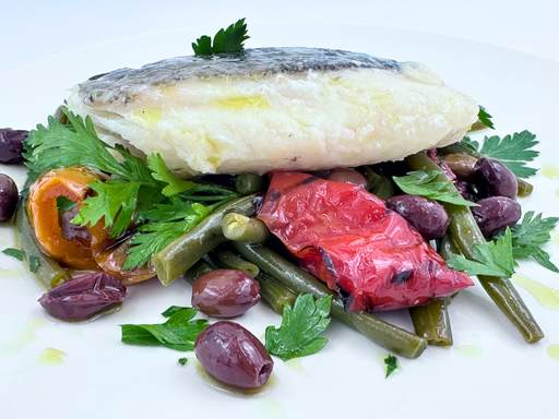 [30071] Merluzzo taggiasche, peperoni e fagiolini verdi